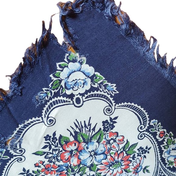 1950s Vintage Blue And Red Novelty Flowers Soft Cotton Bandana Scarf Hankie - Picture 3 of 4